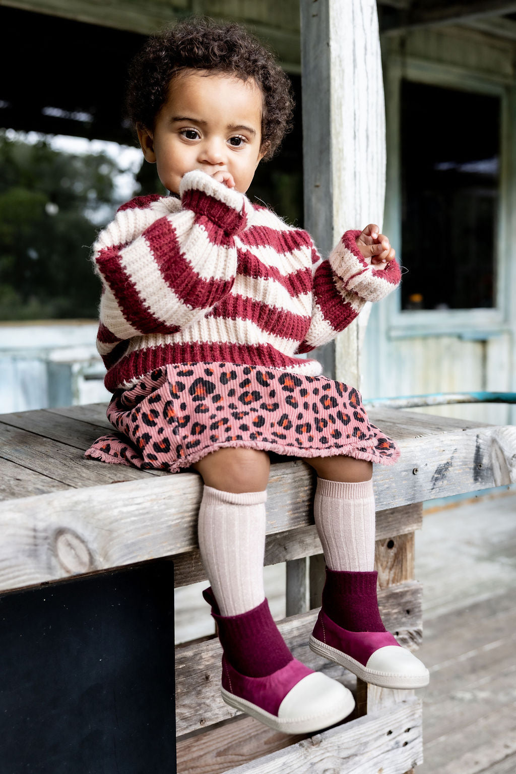 Piupiuchick knitted sweater bordeaux & light pink stripes