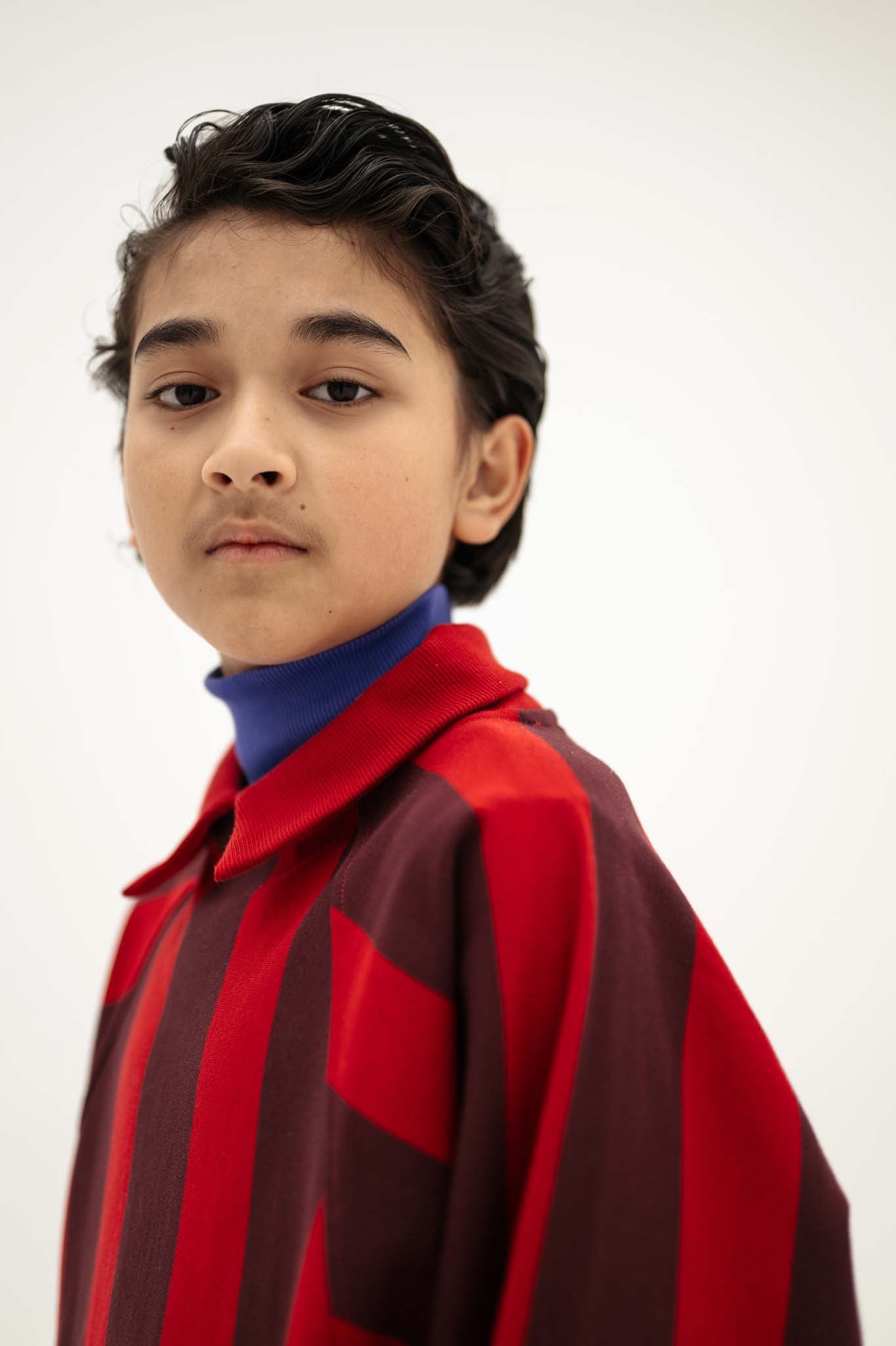 Repose AMS Raglan polo sweater rusty mulberry block stripe