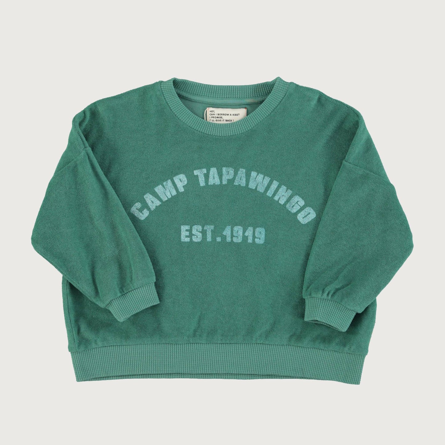 Piupiuchick green sweatshirt with CAMP TAPAWINGO print