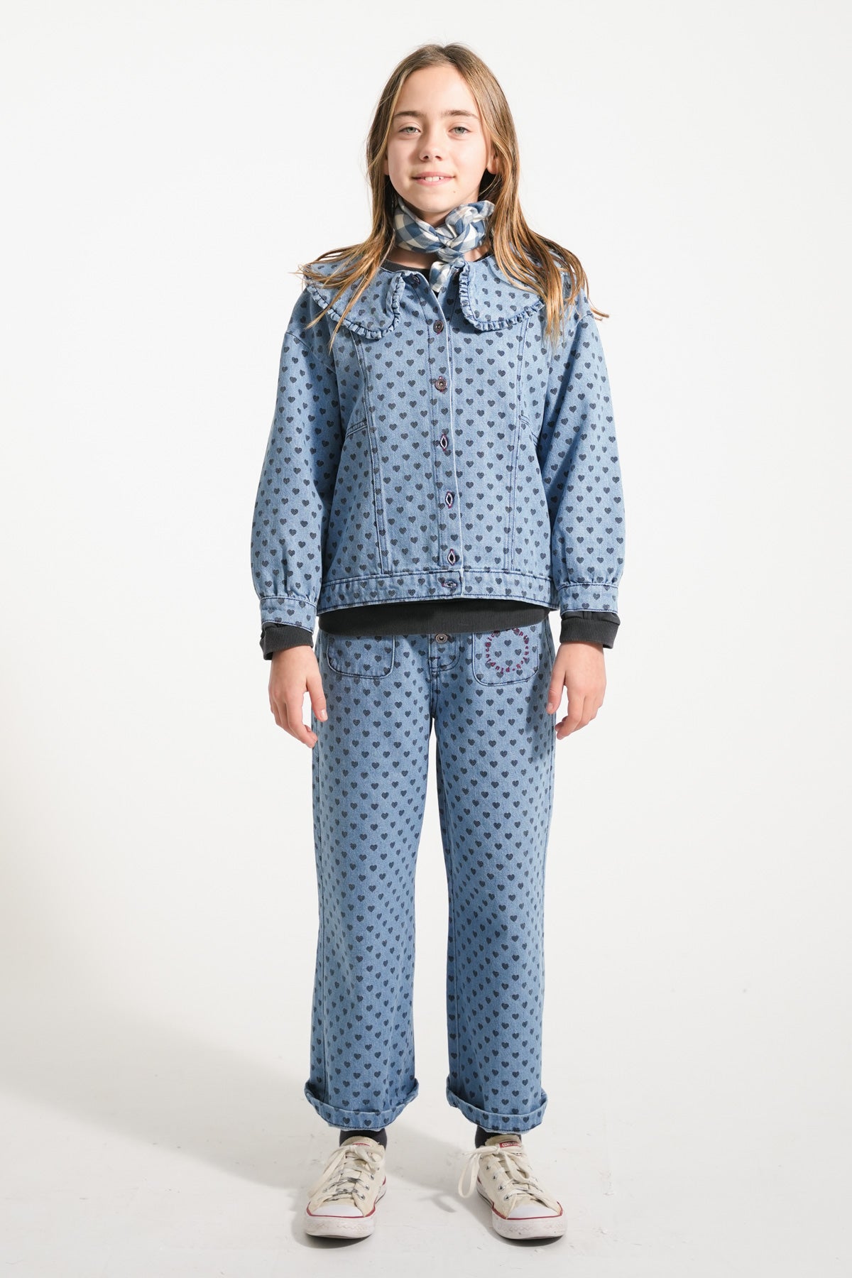 Piupiuchick Flare trousers washed blue denim with black HEARTS