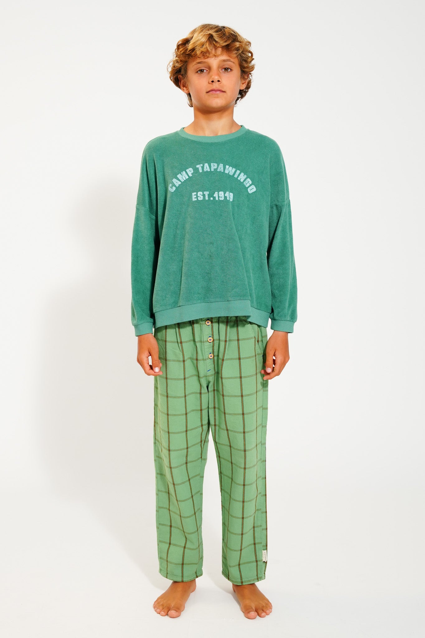 Piupiuchick green sweatshirt with CAMP TAPAWINGO print