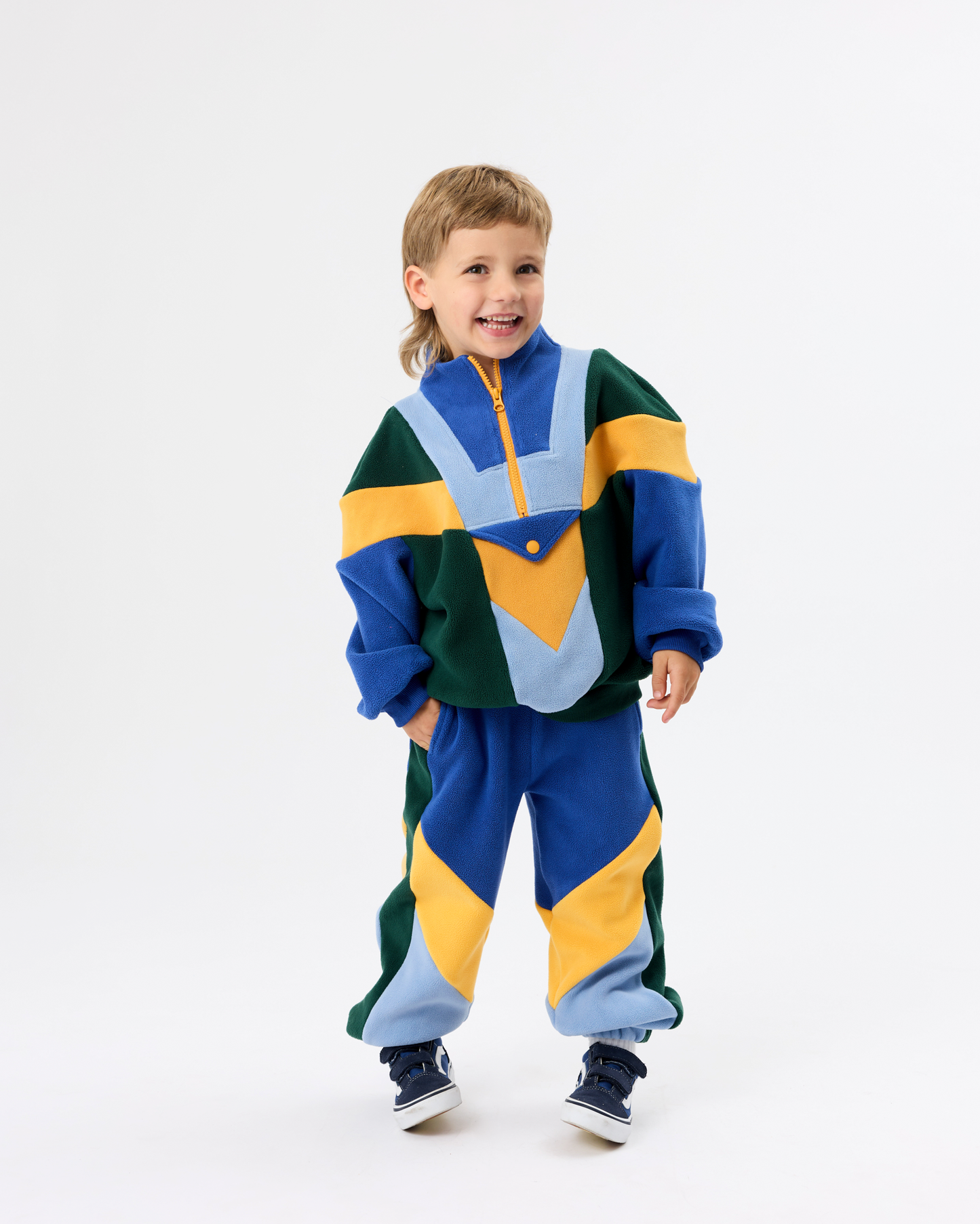 Goldie+Ace Quarter zip blue colour block polar fleece