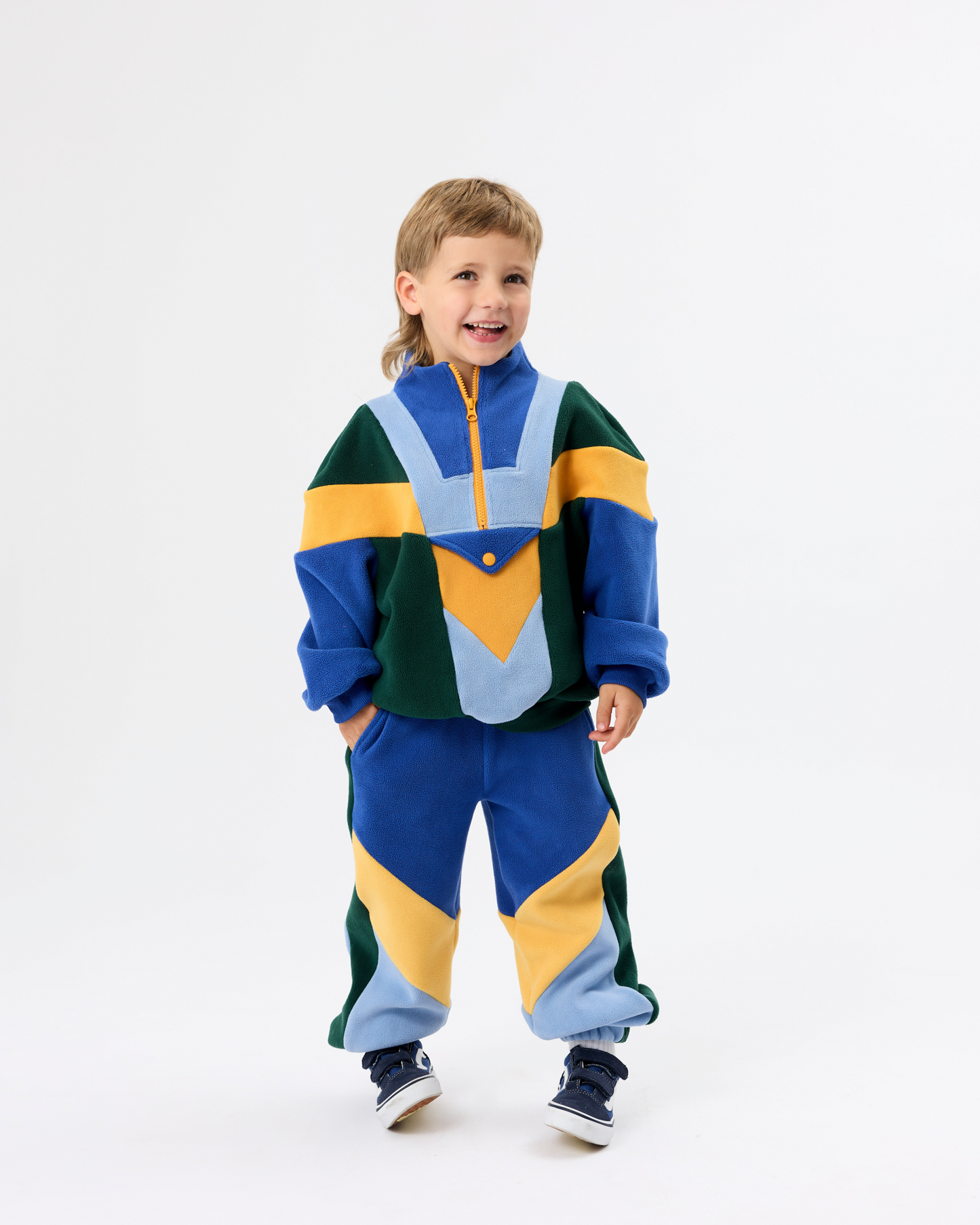 Goldie+Ace Quarter zip blue colour block polar fleece