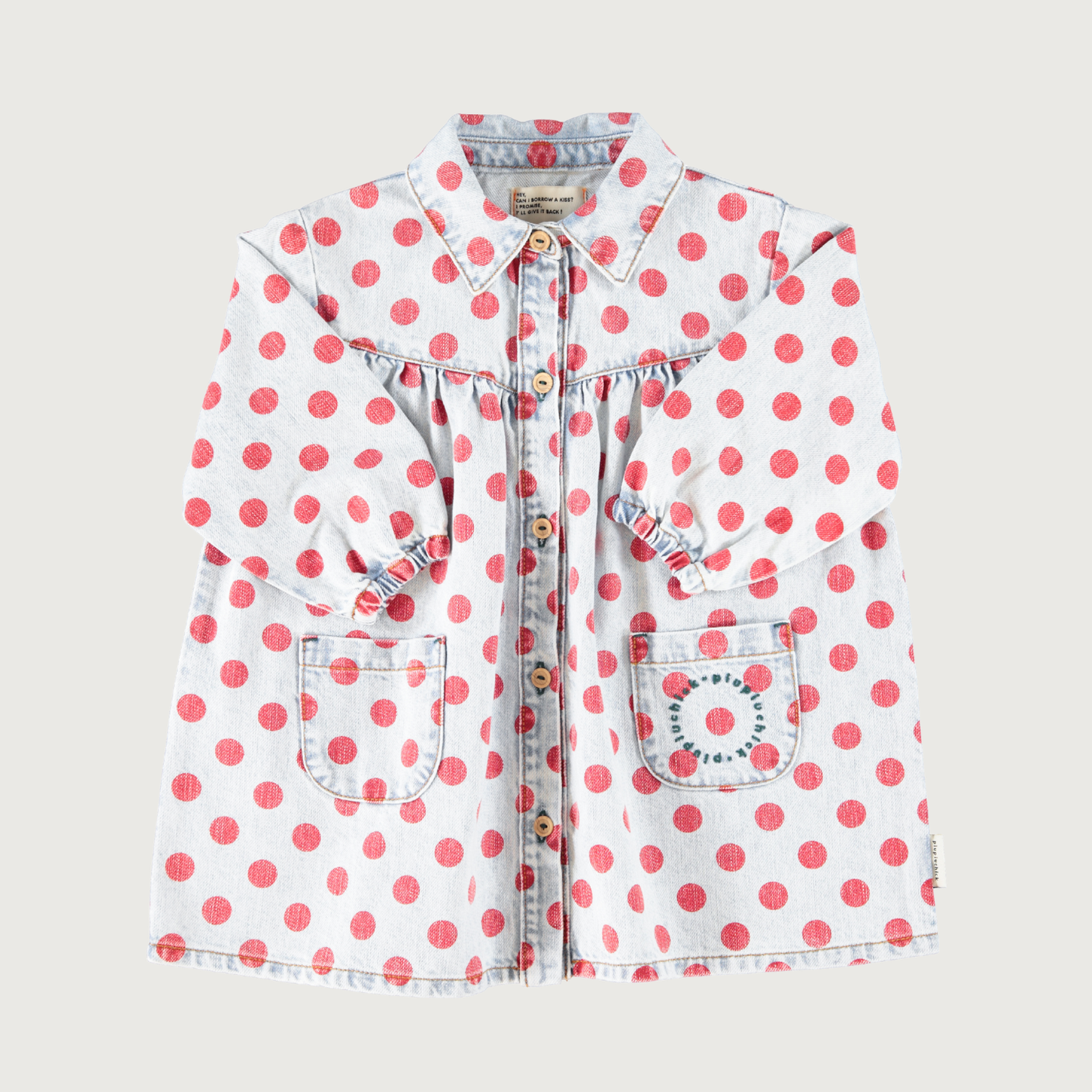 Piupiuchick Short dress light blue denim with red dots