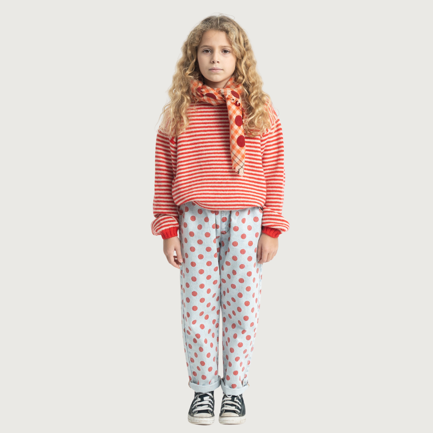 Piupiuchick Trousers light blue denim with red dots