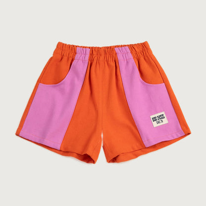 Paars oranje short in geweven katoen SINC 09 patch Bobo Choses