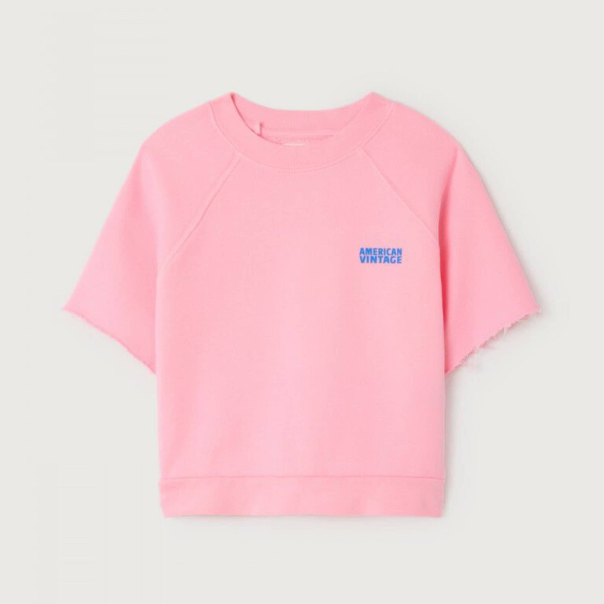 Roze trui Izubird met korte mouwen en blauwe letters van American Vintage