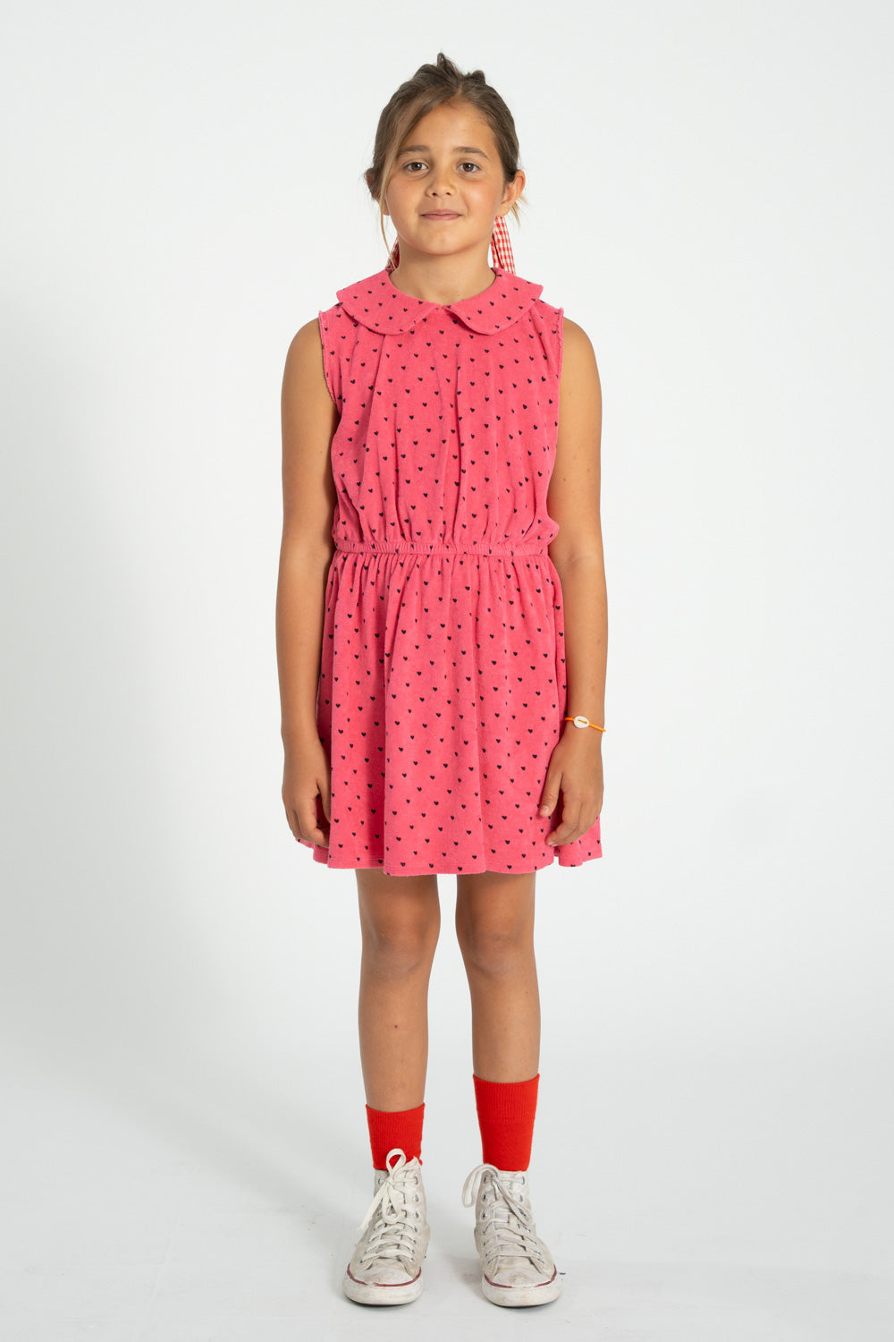 Piupiuchick Short collar dress PINK & BLACK HEARTS allover / 12Y