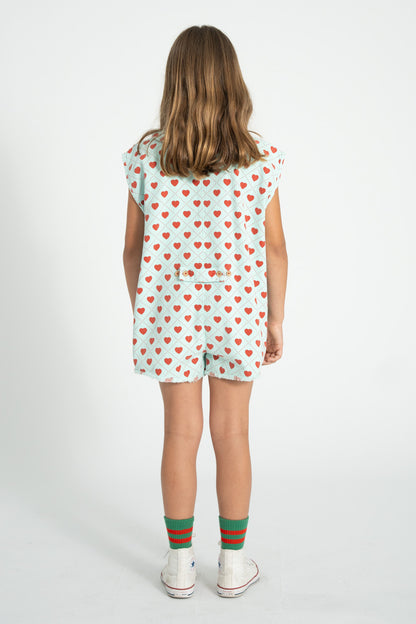 Piupiuchick Short sleeveless jumpsuit light blue RED HEARTS allover