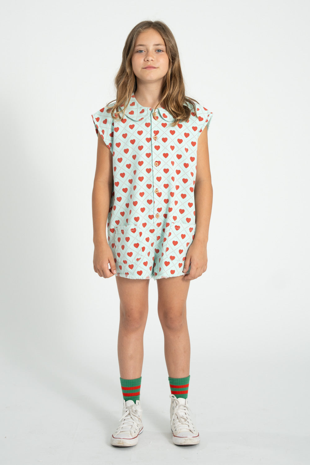 Piupiuchick Short sleeveless jumpsuit light blue RED HEARTS allover