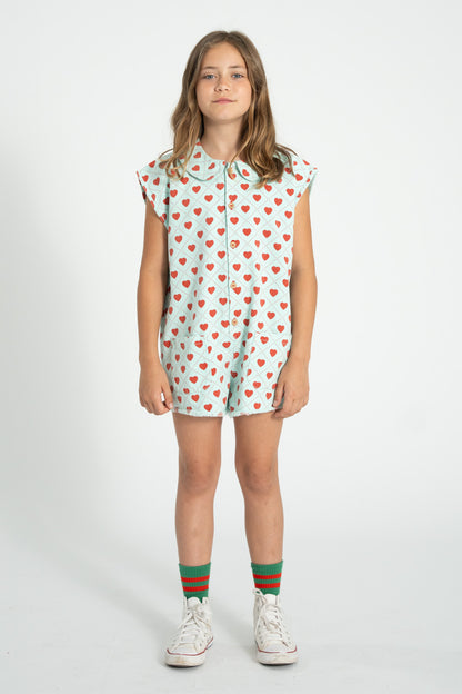 Piupiuchick Short sleeveless jumpsuit light blue RED HEARTS allover