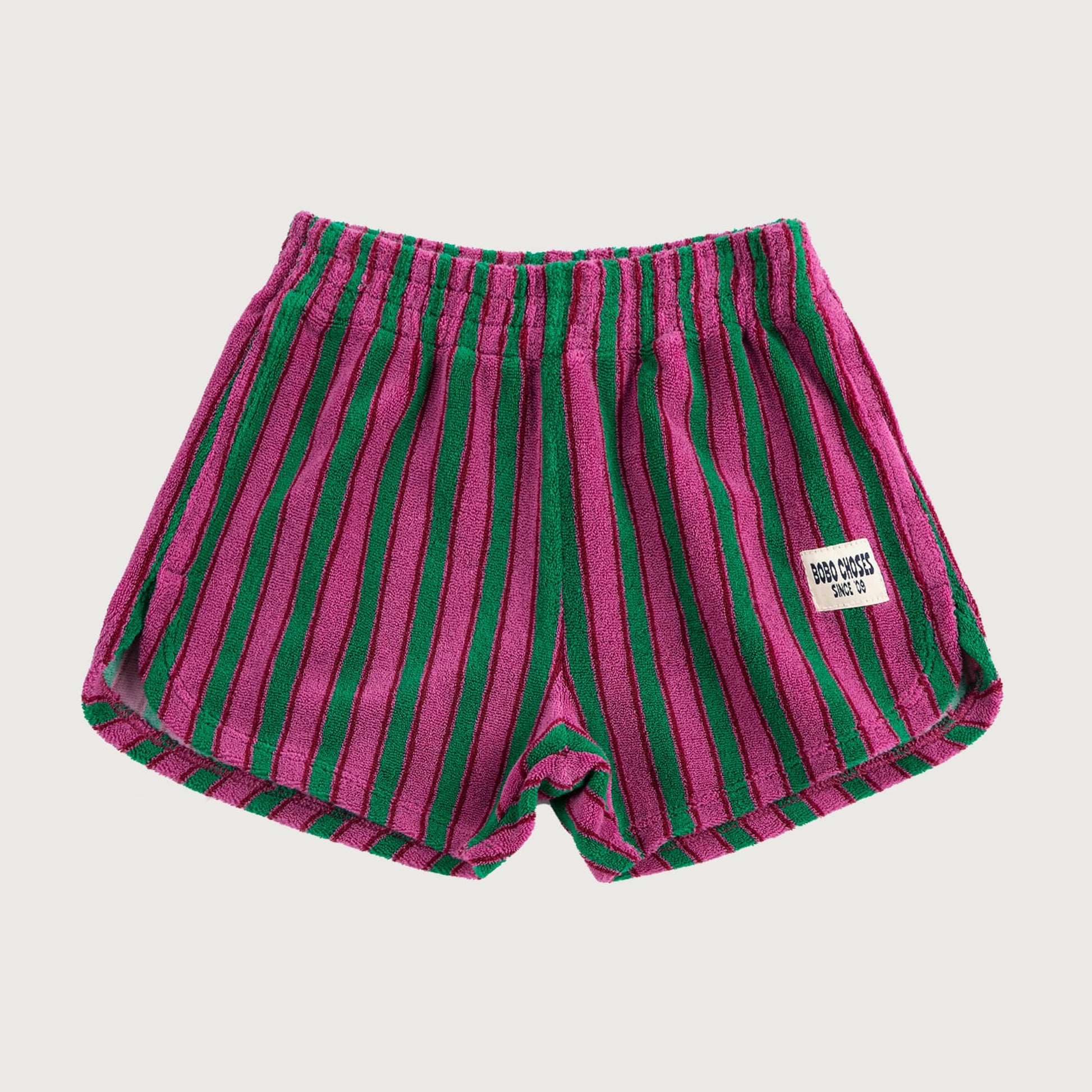 Gestreepte short in badstof groen en paars Bobo Choses