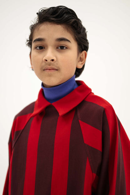 Repose AMS Raglan polo sweater rusty mulberry block stripe