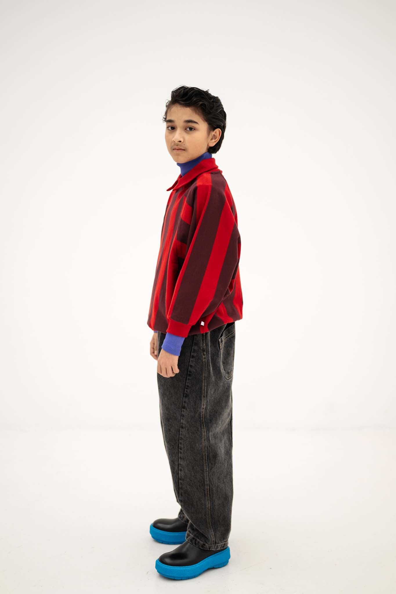Repose AMS Raglan polo sweater rusty mulberry block stripe