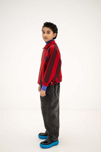Repose AMS Raglan polo sweater rusty mulberry block stripe