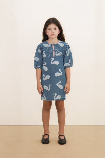 Tinycottons BIG SWANS dress medium wash denim