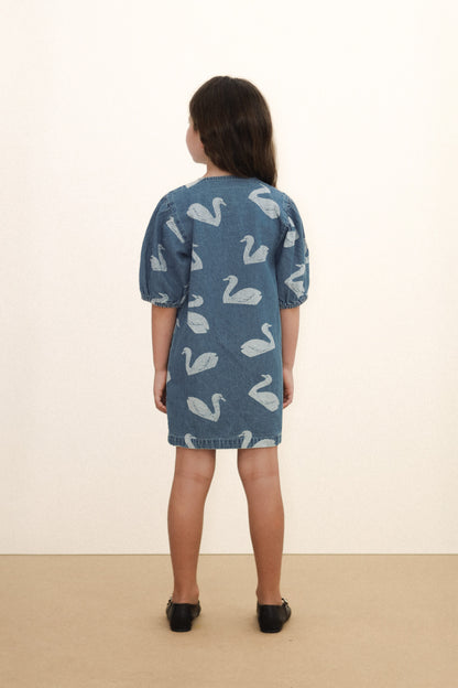 Tinycottons BIG SWANS dress medium wash denim