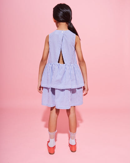 Wynken Fancy BOW Dress fine blue stripe