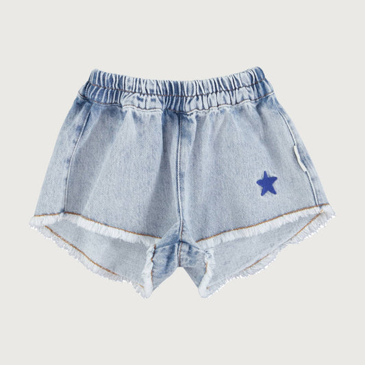 Piupiuchick washed blue denim short with fringes