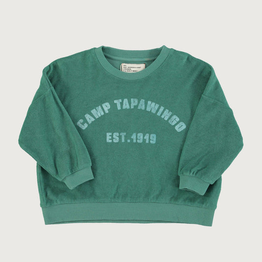 Piupiuchick green sweatshirt with CAMP TAPAWINGO print