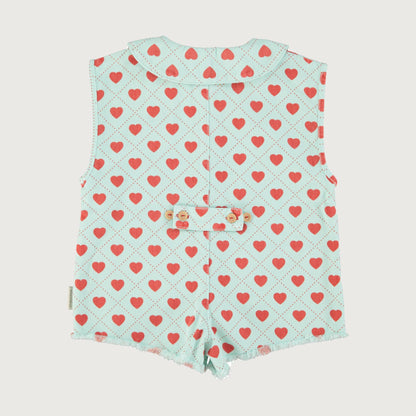 Piupiuchick Short sleeveless jumpsuit light blue RED HEARTS allover