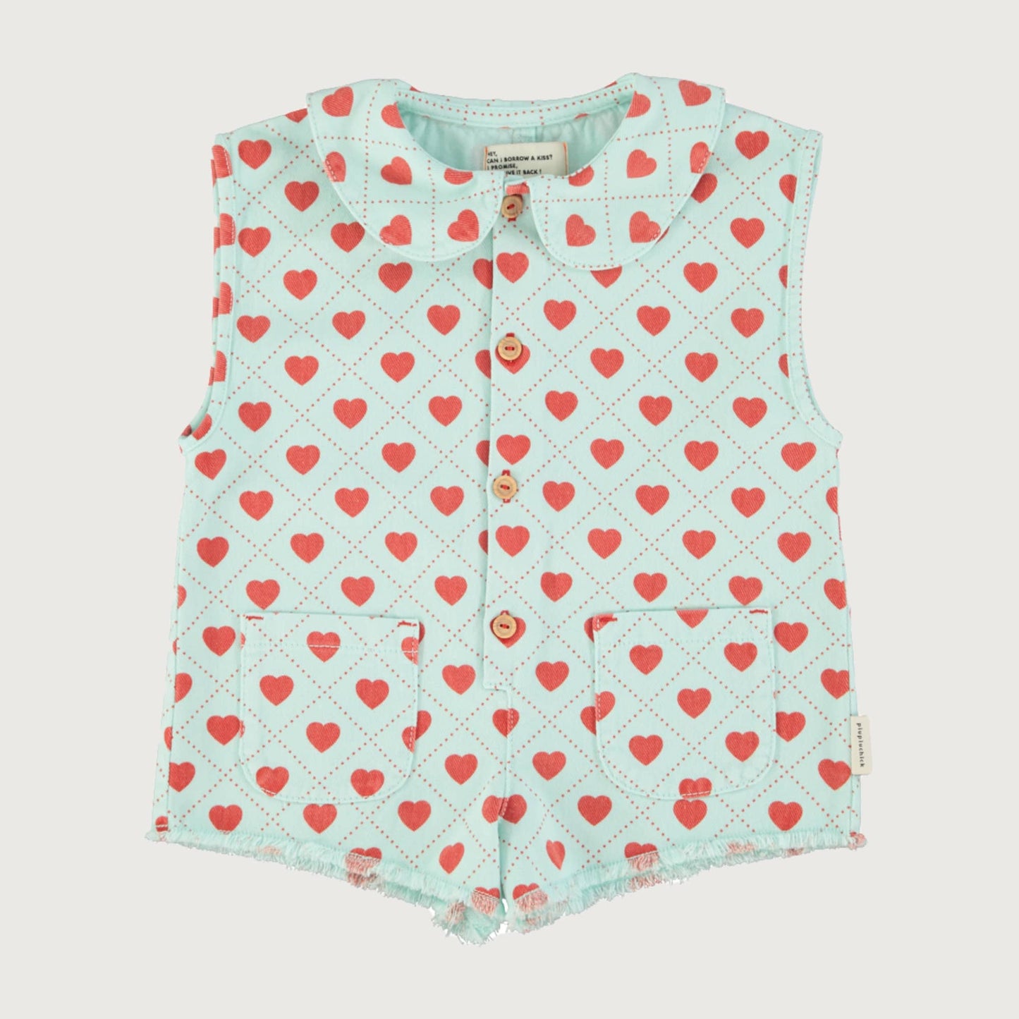 Piupiuchick Short sleeveless jumpsuit light blue RED HEARTS allover