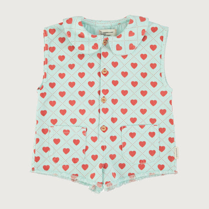 Piupiuchick Short sleeveless jumpsuit light blue RED HEARTS allover