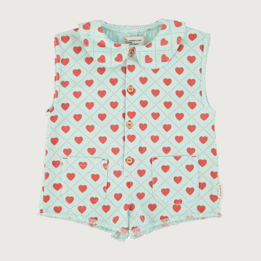Piupiuchick Short sleeveless jumpsuit light blue RED HEARTS allover